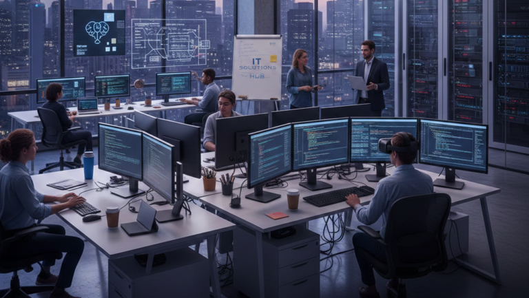 Obraz ukazuje wnętrze nowoczesnego biura typu open space połączonego z centrum danych, osadzone w klimacie późnego popołudnia lub wieczoru