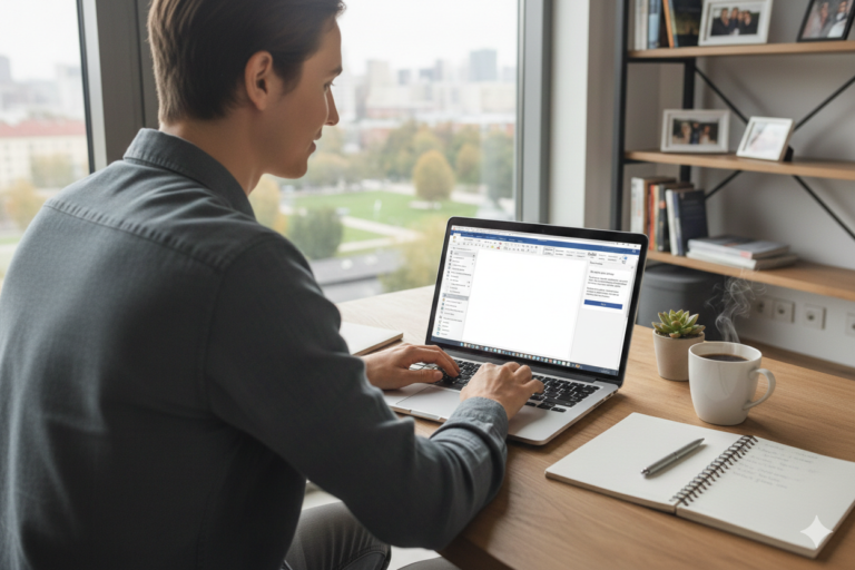 Obraz pokazujący młodego mężczyznę z profilu, który siedzi przy drewnianym biurku i pracuje na laptopie