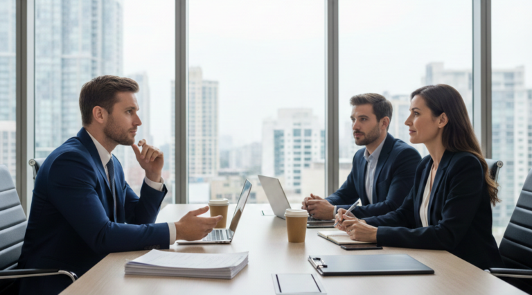 Obraz przedstawia profesjonalną scenę rozmowy kwalifikacyjnej odbywającej się w nowoczesnym biurze