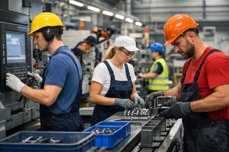 Obraz przedstawia nowoczesną halę produkcyjną, w której pracuje kilka osób wykonujących różne zadania związane z procesem wytwarzania