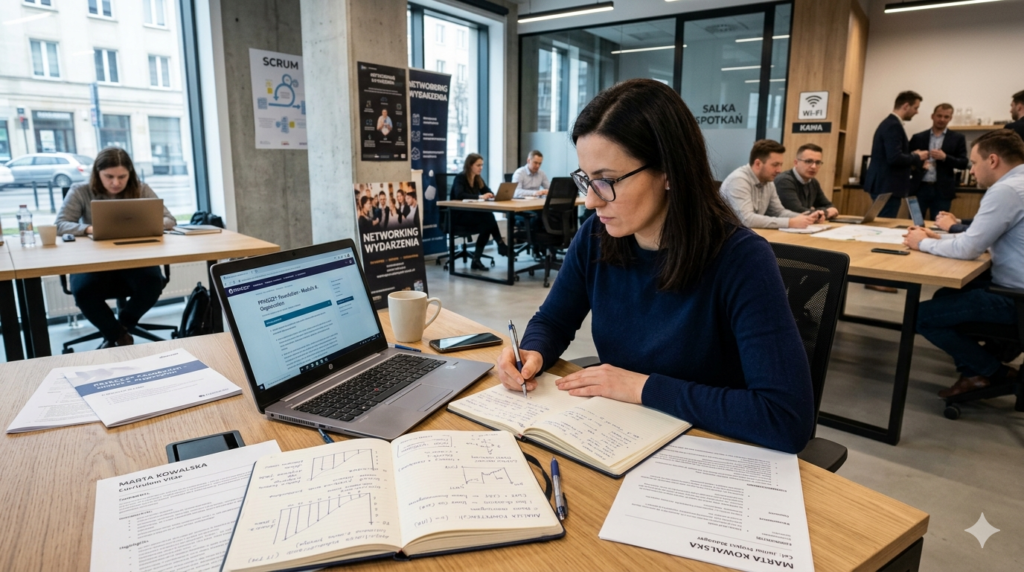 Obraz przedstawia realistyczną scenę w nowoczesnym, jasnym biurze typu coworking, która ilustruje proces zmiany ścieżki zawodowej poprzez konkretne działania