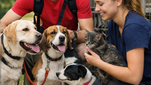 Obraz przedstawia dwoje młodych ludzi, kobietę i mężczyznę, w otoczeniu kilku zwierząt domowych: trzech psów i jednego kota